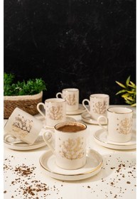 Resim Çarşıdayız Porselen 6 Kişilik 12 Parça Beyaz Hayat Ağacı Desenli Kahve Fincanı Seti - Türk Kahvesi Fincanı Hayat Ağacı 
