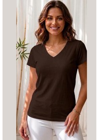 Resim Thiff Gymwear Kadın Kısa Kollu V Yaka Basic Tişört T-shirt Kahverengi 