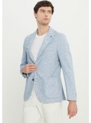 Resim Erkek Mavı Keten Slim Fit Dar Kesim Kırlangıç Yaka Balıksırtı Desenli Blazer Ceket Mavi 