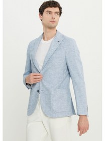Resim Erkek Mavı Keten Slim Fit Dar Kesim Kırlangıç Yaka Balıksırtı Desenli Blazer Ceket Mavi 