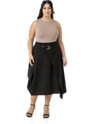 Resim Büyük Beden Asimetrik Kesim Kuşgözü Detaylı Tek Cepli Midi Siyah Etek Siyah 