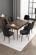 Resim Canisa Roy Serisi 80x132 Mdf Barok Ahşap Desen Mutfak Masası Takımı 6 Siyah Sandalye 