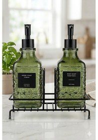 Resim Modern Çizgili - Kabartmalı Cam İkili Sıvı Sabunluk & Deterjanlık Seti - 500ml Standlı Mutfak Ve Banyo Organizeri Yeşil 