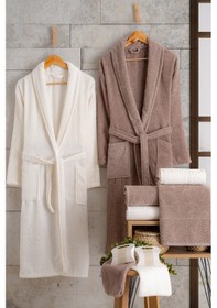 Resim Oznhome Krem-kahve Çift Kişilik 6 Parça Bornoz Seti Kahve-krem 