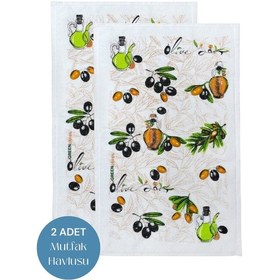 Resim 2li Paket Baskılı Beyaz Mutfak Havlusu Modeli Zeytin 