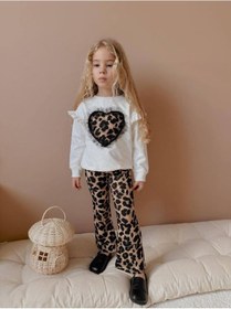 Resim Miniko Kids Kız Çocuk Kalp Modelli Tül Detaylı Leopar İspanyol Paça Taytlı Takım Ekru 