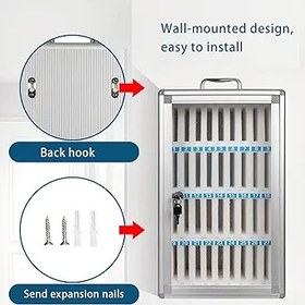Resim 60 Yuvalı Kilitlenebilir Cep Telefonu Soyunma Kutusu - Okullar ve Sınıflar için Alüminyum Alaşımlı Cep Telefonu Yönetim Kabini - Duvara Monte Depolama Çözümü (Gümüş) 