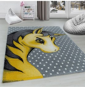 Resim Soft Yumuşak Çocuk Odası Halısı Sevimli Unicorn Peri Atı Desenli Gri Beyaz Sarı Sarı 