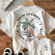 Resim Kadınlar için Günlük Kısa Kollu Yuvarlak Yaka Tişört - Palmiye Ağaçları & Sörf Tahtaları Baskılı Palm Springs Beach Club Grafikli, Açık Bej Rahat Kesim Yazlık ve Baharlık Üst, Makinede Yıkanabilir, Plaj Giysileri, Yumuşak Dokulu Gömlek 
