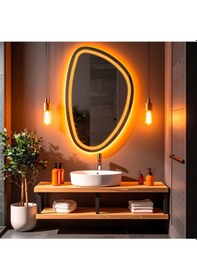 Resim Diagonale Amber Led'li Kumlamalı Lavabo & Banyo Aynası Dokunmatik Sensörlü 90 X 60 Turuncu 
