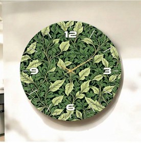 Resim Yeşil Renkli Baskı Yaprak Desenli Sayılı Hediyelik Ahşap Sessiz Duvar Saati 50cm ÇOk Renkli 