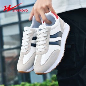 Resim Erkek Modası Hafif Yol Koşu Ayakkabıları - Beyaz, Mavi ve Kırmızı Detaylar, Suni Kaplama, Bağcıklı, Kauçuk Taban, Tüm Mevsimler İçin Rahat Sneakerlar 