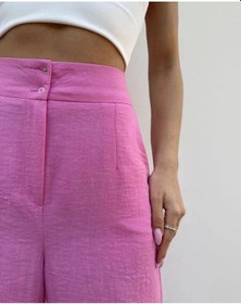 Resim Hazel Kadın Pembe Keten Yırtmaçlı Yüksek Bel Palazzo Pantolon-pembe Pembe 