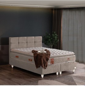 Resim Gümüş Çift Kişilik Baza Başlık Real Pedli Yatak Seti Krem 180 x 200 