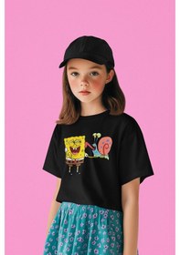 Resim Sevbano Unisex Süngerbob Ve Salyangoz Baskılı Çizgi Film Çocuk Tişört 1- Siyah 