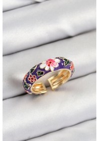 Resim Pirinç Mor Mineli Çiçek Motifli Gold Renk Ayarlanabilir Kadın Yüzük - Tj-byk3803 Açık Pembe 