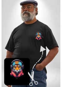 Resim Angemiel Kulaklık Kedi Leopar Bandana Siyah Büyük Beden Kadın Basic Minimal Baskılı Tişört Siyah 