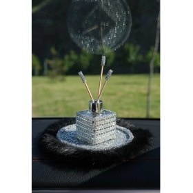 Resim Tasarım Arabam Gümüş Pullu Gümüş Kordon Siyah Tüy Kaymaz Ped & Gümüş Kare Baget Kavanoz Koku Set 