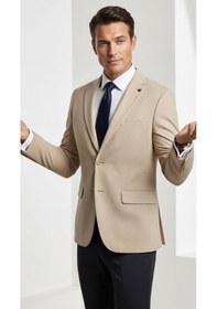 Resim Plus Scorpion Erkek Slim Fit Çift Düğme Çift Yırtmaçlı Blazer Ceket Premium Dokulu Kumaş Bej 