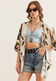 Resim Olalook Kadın Ekru Büyük Pudra Çiçekli Güpür Detaylı Viskon Kimono CKT-19000053 