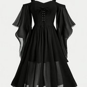 Resim Şeffaf Mesh Örtü ve Bağcıklı Ön ile Şık Siyah İtalyan Makarna Elbise - Şık Katmanlı Ruffle Etek, 120g/m² Polyester, İlkbahar/Yaz/Sonbahar için Mükemmel, Büyük Beden 