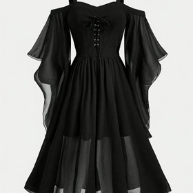 Resim Şeffaf Mesh Örtü ve Bağcıklı Ön ile Şık Siyah İtalyan Makarna Elbise - Şık Katmanlı Ruffle Etek, 120g/m² Polyester, İlkbahar/Yaz/Sonbahar için Mükemmel, Büyük Beden 