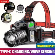 Resim 1/2 adet LED Sensör Baş Lambası Tip-C Şarj Edilebilir Fener IP44 LED Baş Lambası Dahili 1500mAh Pil Fener 5 Aydınlatma Modu Zoomlanabilir Baş Lambası Açık Hava Kampı Koşu Av Balıkçılık Acil Durum Baş Lambası için Uygun 