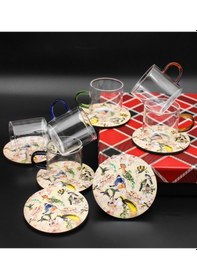 Resim 6'lı Isıya Dayanıklı Borosilikat Cam Türk Kahvesi Fincan Takımı Kuş Motifli Altlıklı 12 Parça Cup 