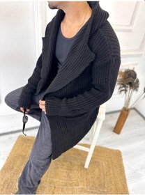 Resim Hırka Kapüşonlu Cepli Naturel Pamuk Lazer Kesim Yırtık Detaylı Örgü Triko Uzun Panço Hırka Siyah 