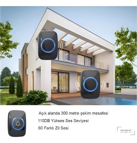 Resim Kapı Zili 1 Buton 2 Alıcı Kablosuz Ledli Modern 300METRE Menzil 60 Çeşit Zil 5 Seviye Ses 