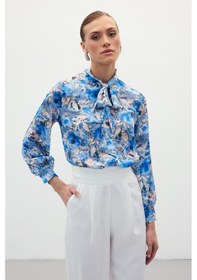 Resim Sateen Desenli Fular Yaka Gömlek - Mavi 