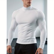 Resim Erkekler İçin Hızlı Kuruyan Esnek Fitness Tişört - Yüksek Yaka Uzun Kollu Spor Üst, Tüm Mevsimler İçin Sıkı Kesim Gym & Boks Tişörtü, Nem Çekici Atletik Performans Giyimi, Antrenman Üstü, Sportif Görünüm, Esnek Kumaş, Aktif Erkek Giysisi 