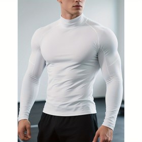 Resim Erkekler İçin Hızlı Kuruyan Esnek Fitness Tişört - Yüksek Yaka Uzun Kollu Spor Üst, Tüm Mevsimler İçin Sıkı Kesim Gym & Boks Tişörtü, Nem Çekici Atletik Performans Giyimi, Antrenman Üstü, Sportif Görünüm, Esnek Kumaş, Aktif Erkek Giysisi 