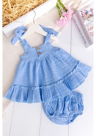 Resim Babymod Müslin 100% Pamuk Askılı Yazlık Kız Bebek Elbise Mavi 