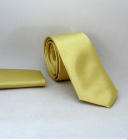 Resim Gaffy Açık Gold Slim Fit İnce Düz Renk Mendilli Saten Kravat - SS-36 Açık Altın 