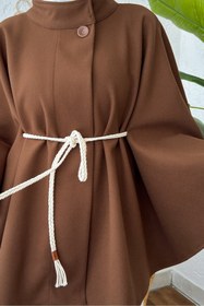 Resim Caddebostan Moda Örgü Kuşaklı Kaşe Kumaş Kadın Kışlık Trend Premium Luxury Şık Düğmeli Panço 