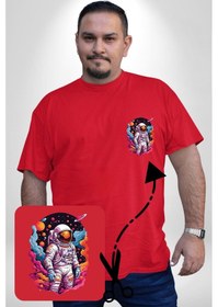 Resim Ay Mars Astronot Kırmızı Büyük Beden Kadın Basic Minimal Baskılı Tişört Kırmızı 