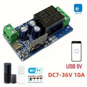 Resim 1 Kanallı EweLink WiFi Akıllı Röle Modülü - 10A Sürekli Akım, 7-36V DC/48V AC, Kendinden Kilitli, USB ile Çalışır, WiFi Özellikli, Garaj Kapısı Kontrolü, Ev Otomasyonu 
