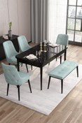 Resim Canisa Are Serisi 80x132 Mdf Açılabilir Siyah Mermer Desen Masa Takımı 4 Su Yeşili Sandalye Ve 1 Bench 