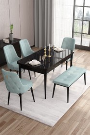 Resim Canisa Are Serisi 80x132 Mdf Açılabilir Siyah Mermer Desen Masa Takımı 4 Su Yeşili Sandalye Ve 1 Bench 