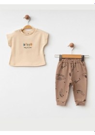 Resim Erkek Bebek Kapüşonlu Dinazor Baskılı 3lü Eşofman Takım-15469 Kahverengi 
