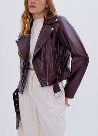 Resim Valmenti Kadın Hakiki Deri Bordo Biker Ceket VLM3908 - XL 