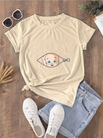 Resim Hamile Gebe T-shirt Bebek Fermuar Baskılı - Vizon Bisiklet Yaka Oversize Tişört 