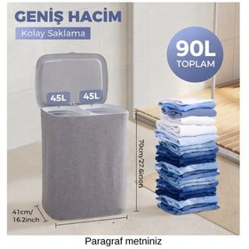 Resim Katlanabilir Çift Bölmeli Kirli Çamaşır Sepeti 90l Gri Kapaklı Çamaşır Kutusu 