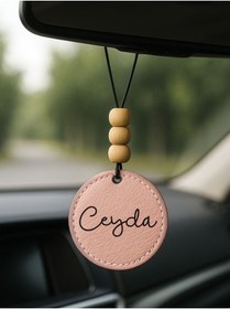 Resim Cekuonline Kişiye Özel İsim Yazılı 1.Sınıf Deri Ahşap Dekorlu Dikiz Aynası Süsü Pudra Pembe - Donuts 