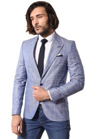 Resim Tek Düğme Geniş Sivri Yaka Mavi Ceket - Wessi Mavi 