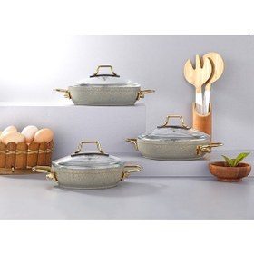 Resim Marbella 6 Pcs Güveç Sahan Set İç/ Dış Nardo Gri & Gold Kulp - 18-20-22 Cm 