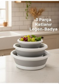 Resim Katlanabilir 3 Lü Leğen & Badya Seti Akordiyon Tasarım, Çeyizlik Ve Pratik Kullanım Beyaz Gri 