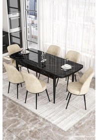 Resim Canisa Concept Kor Serisi, 70x114 Açılabilir Yemek Masası Takımı, Siyah Mermer Desen Masa Ve 6 Krem Sandalye Masa Siyah Mermer Sandalyeler Krem 