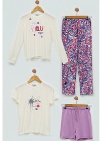 Resim For You Kids 4 lü You Çicek Baskılı Lila Pijama Takım Lila 